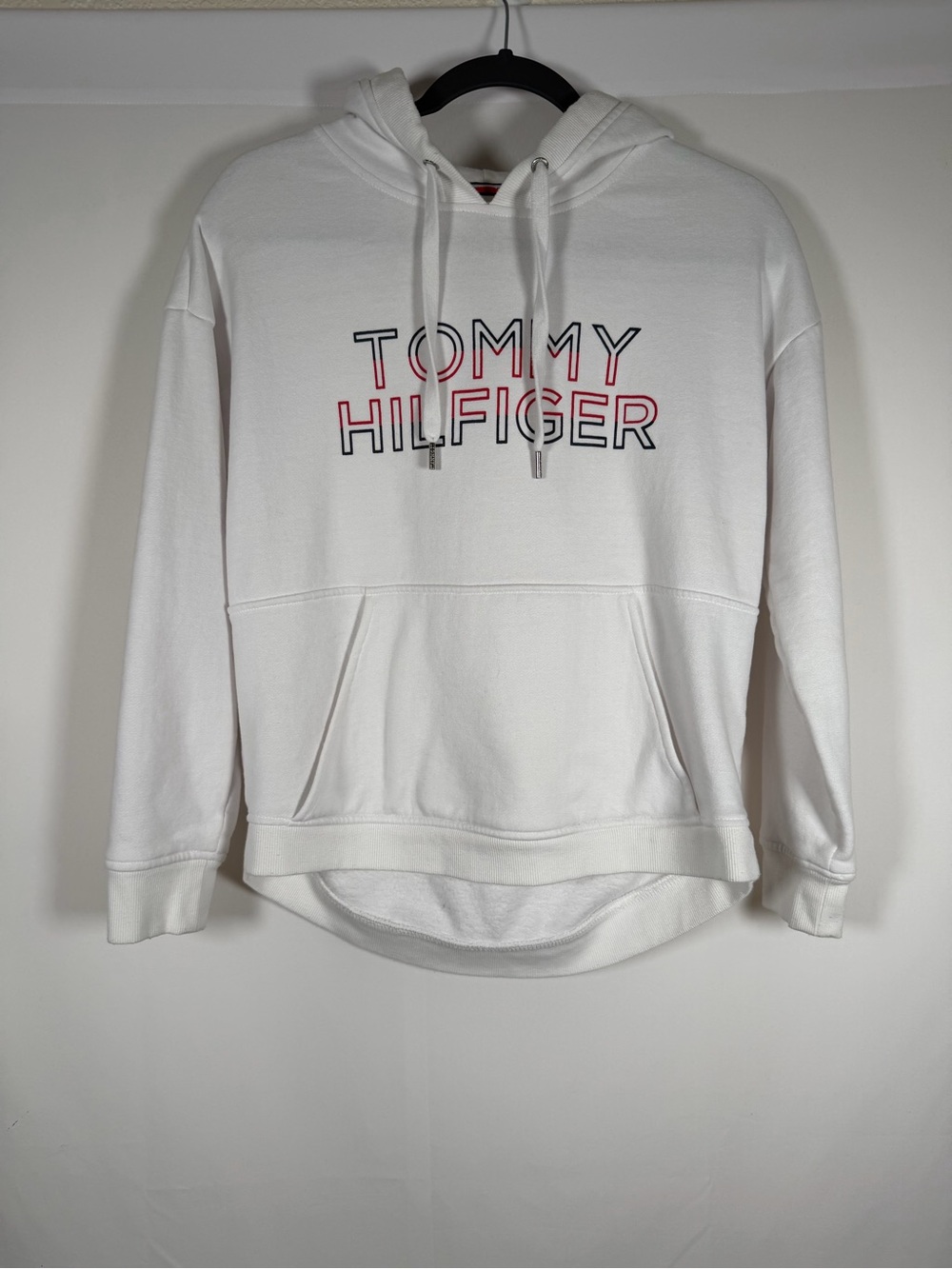 Tommy Hilfiger White Hoodie with Red & Navy Logo - preppy, coastal, Y2K